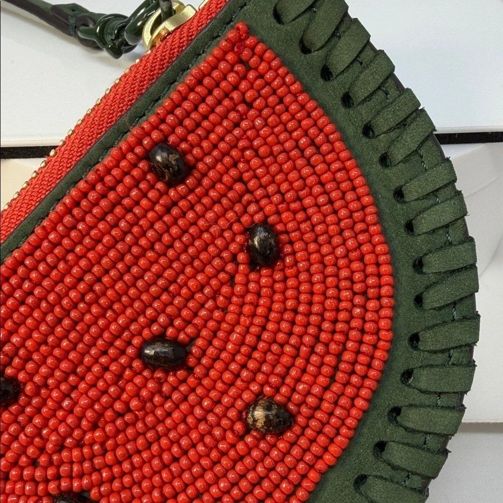 Tory Burch Beaded Watermelon Nubuck Leather Coin Purse Pouch Wristlet